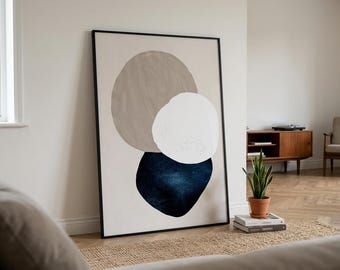 Impressão de arte de parede abstrata minimalista, pôster com formas orgânicas em tons de bege e azul marinho, arte moderna neutra, sem moldura.