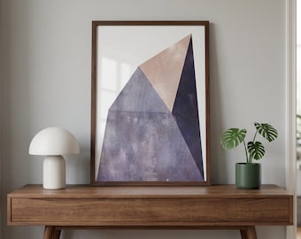 Impressão geométrica abstrata de montanha, pôster com textura de madeira em tons de lavanda e roxo, arte moderna sem moldura.