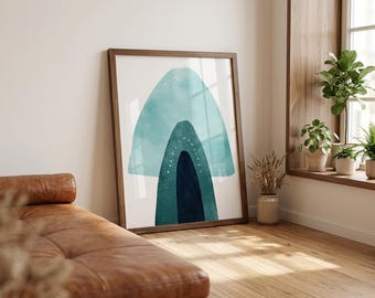 Impressão abstrata de montanha em arco, tons de verde-azulado, menta e marinho, pôster de arte minimalista moderna (sem moldura)