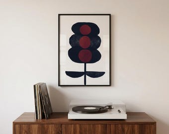Impressão abstrata de flores botânicas, pôster em tons de azul marinho escuro e carmesim, arte minimalista de meados do século XX.
