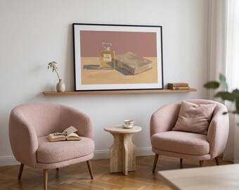Impressão artística de natureza morta com frasco de perfume, pôster vintage rosa e bege, arte pictórica, sem moldura.