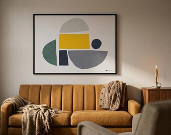 Impressão de arte abstrata de meados do século XX, pôster geométrico em amarelo mostarda, azul marinho e verde sálvia, arte retrô.