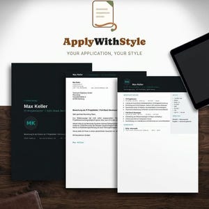 May include: A set of professional resume documents featuring the ApplyWithStyle logo, including a black cover letter, a white letter, and a white CV for Max Keller, displayed alongside a tablet and a brown leather notebook on a dark surface.