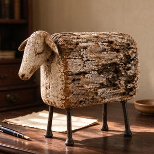 Könnte beinhalten: Eine Schaf-Figur aus einem Block verwittertem, strukturiertem Holz mit weiß getünchter Oberfläche. Der Kopf ist mit geschlossenen Augen und Ohren geschnitzt, während der Körper raue, rindenartige Details aufweist. Sie steht auf vier dünnen Metallbeinen.