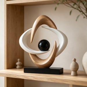 May include: A decorative sculpture featuring a central glossy black sphere cradled by two interlocking curved forms, one with a light wood grain finish and the other in a smooth matte white, all mounted on a rectangular black base.