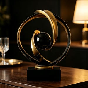 May include: A decorative sculpture featuring a central glossy black sphere encased within two interlocking circular rings. The outer ring is black, while the inner curved element is gold. The entire structure rests on a rectangular black base.