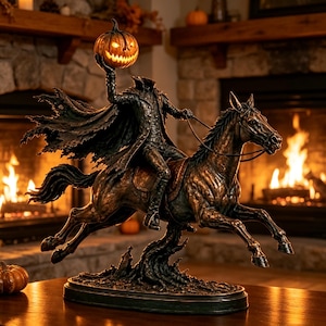 Halloweendekoration med huvudlös ryttare, upplyst pumparyttarestaty, gotisk hästfigur, kuslig bordsdekoration, halloweenpresent
