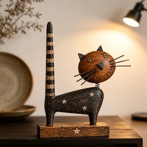 Puede incluir: Una figura decorativa de gato con cuerpo marrón oscuro adornado con pequeñas estrellas claras, una cola alta a rayas y una cabeza redonda de madera con bigotes de alambre metálico. El gato se apoya sobre una base rectangular de madera con una estrella.