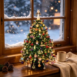 May include: A miniature artificial green Christmas tree decorated with numerous small, colourful, translucent and metallic spherical ornaments. A silver-toned angel figurine with a pearl-like body sits at the very top of the tree.
