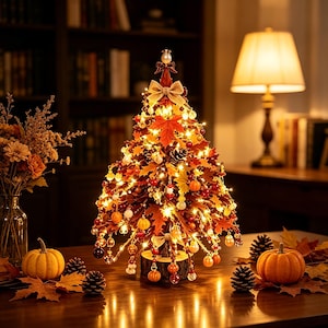 Puede incluir: Un árbol artificial de mesa decorado con hojas de arce naranjas y rojas, pequeñas calabazas, bayas y cuentas transparentes. El árbol está iluminado con luces LED de color blanco cálido y tiene un lazo de arpillera sobre una base de madera.