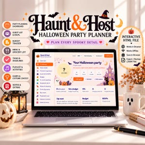 Organizzatore di feste di Halloween / Pianificatore interattivo HTML: lista degli invitati, monitoraggio del budget, menù e programma, dashboard di pianificazione.