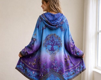 Boho Hooded Cardigan Women, Long Tree of Life Hooded Coat, Oversized Hippie Cardigan, Y2K Festival Jacket, Gift for Her
