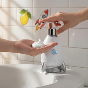 May include: A white rocket-shaped soap dispenser with silver accents, small blue porthole details, and a metallic pump mechanism. The dispenser is shown dispensing a dollop of white foam soap into a palm, featuring a smooth finish and fins.