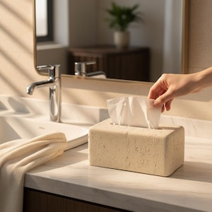 May include: A rectangular tissue box cover with a textured, off-white, stone-like finish. The box has a central slot on the top surface from which a single white paper tissue is being pulled upwards, revealing the interior contents of the container.
