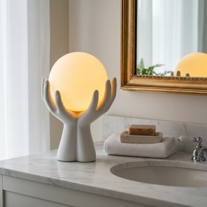 Könnte beinhalten: Eine weiße Tischleuchte mit einem Sockel in Form von zwei zusammengefügten Händen, die eine leuchtende kugelförmige Glühbirne halten. Die Lampe strahlt ein warmes, sanftes Licht aus und steht auf einer Marmorplatte neben einem weißen Handtuch.