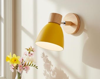 Wooden Bathroom Wall Sconce, Adjustable Nordic Wall Lamp, Scandinavian Vanity Light, Colorful Metal Shade