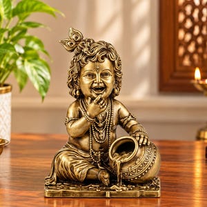 Krishna-staty i massiv mässing, 6,3 cm Laddu Gopal-idol, hinduisk tempeldekor