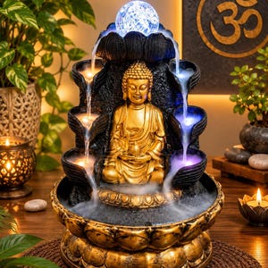 Puede incluir: Una fuente de agua de mesa con una estatua de Buda dorada en posición de loto. La estructura tiene varios niveles con agua en cascada, una bola de cristal brillante en la parte superior y luces LED integradas en tonos azul y blanco cálido.