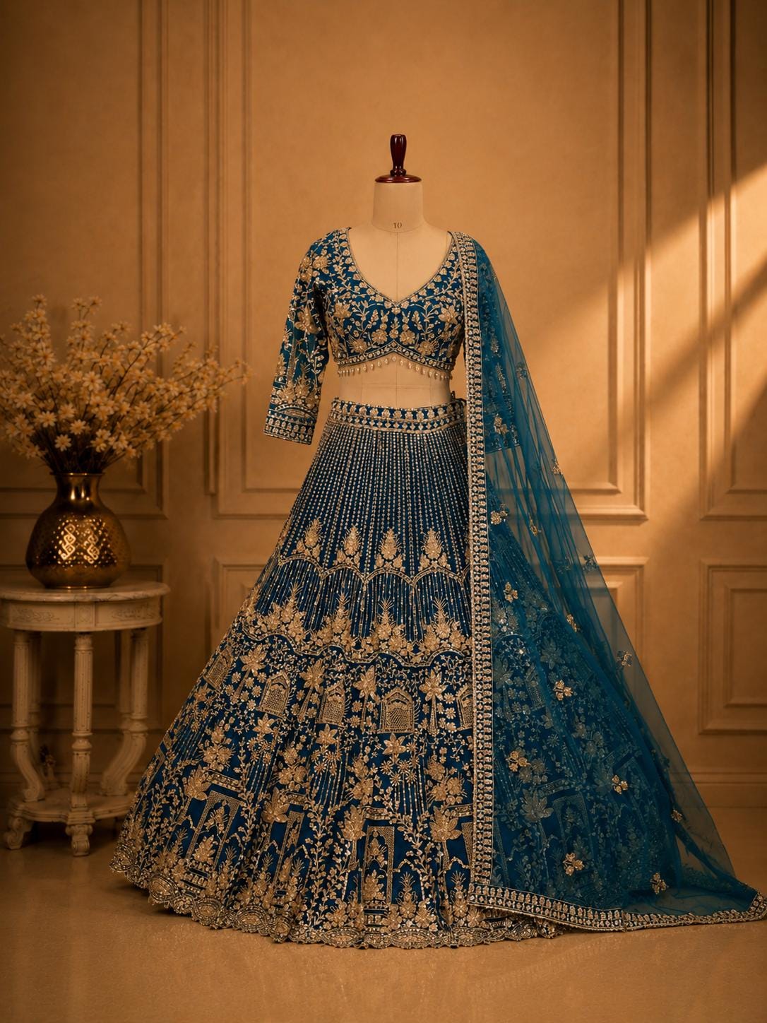 blue and gold indian wedding dress Desi Bridal Little black dress moment waist Embroidered lehenga 3XL (32 to 46 your height:5 Feet 4
