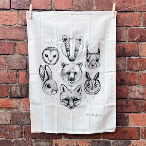 Woodland animals tea towel, 100% natural cotton, screen printed in the UK