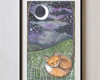 Renard endormi, impression d'art 5 x 7 pouces, à partir d'une aquarelle originale