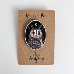 Long Eared Owl Wooden Pin Badge 40mm brooch