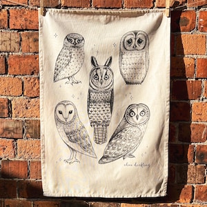 British Owls Tea Towel, 100% Natural Cotton, Screen Printed