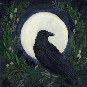 Peut inclure: Illustration sombre d'un corbeau noir devant une pleine lune. Le corbeau est entour&eacute; de feuillage vert, de champignons et d'un ciel &eacute;toil&eacute;. L'&oelig;uvre a un th&egrave;me mystique inspir&eacute; de la nature.