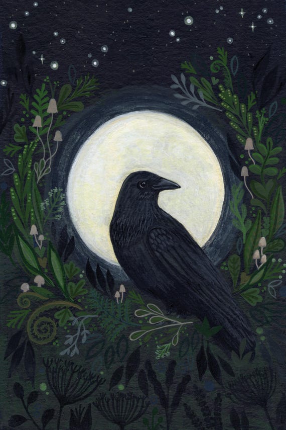 Crow and Full Moon Art Print 5”x7”, from original gouache painting