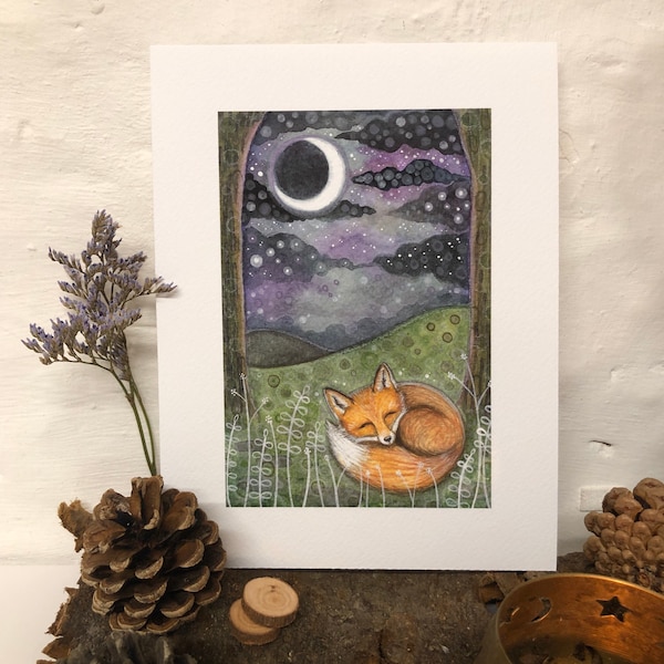 Sleeping Fox with Moon and Night Sky Giclée Print of an original Watercolour painting 6” x 4” (8” x 6” total) wall art