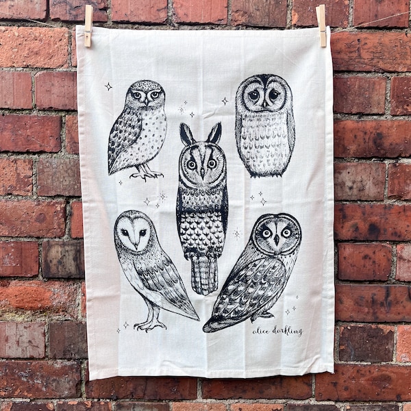 Owl tea towel, 100% natural cotton, screen printed in the UK with an illustration of British owls by Alice Darkling