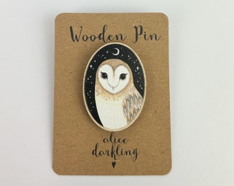 Badge en bois Chouette effraie des cloches Broche 40 mm - avec lune et étoiles