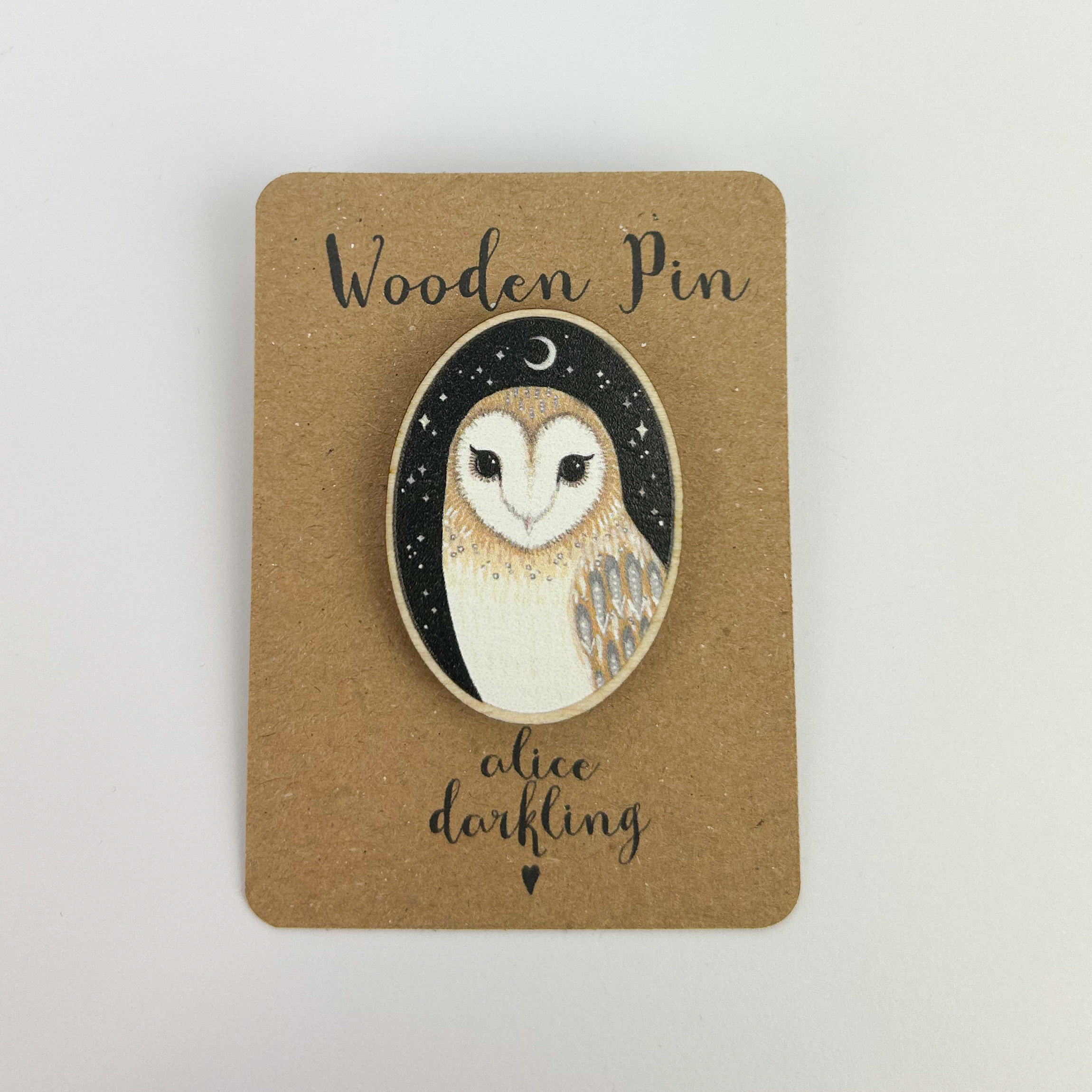 Barn Owl Wooden Pin Badge 40mm brooch - with moon and stars
