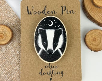 Badger Wooden Pin Badge 40mm brooch - with moon and stars