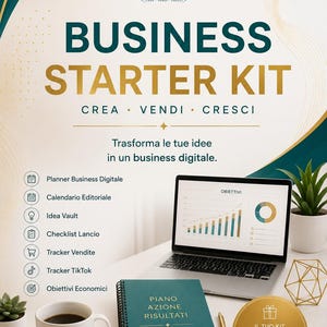 May include: A business starter kit promotional graphic featuring a laptop displaying a chart, a teal spiral notebook labeled PIANO AZIONE RISULTATI, a white mug with matching text, and a list of digital tools including a planner and trackers.