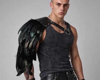 Medieval Feather Shoulder Harness, Single Arm Leather Shawl, Gothic Costume Accessory