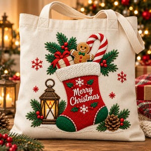 May include: A cream-colored canvas tote bag featuring a festive embroidered design of a red and green Christmas stocking with the text Merry Christmas. The stocking is filled with a gingerbread man, a candy cane, and pine branches with red berries.