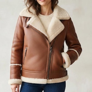 Women Shearling Leather Jacket, Cognac Brown B3 Bomber Jacket, Off-White-Faux Shearling-Aviator-Coat, Vintage-Style Outerwear, Gift-For-Her