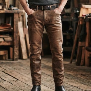 May include: A charcoal grey long-sleeved crewneck jumper paired with brown leather trousers featuring a dark brown belt with a metal buckle and black leather boots. The outfit is worn by a person standing in a workshop with wooden shelves.