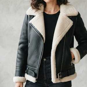 Black Shearling Biker Jacket | Women's Leather-Aviator Coat | Thick Faux-Fur Lined Moto-Jacket | Winter-Warmth,