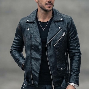 Men Black Snake Textured Leather Jacket, Designer-Exotic-Biker Moto-Coat, Luxury Statement Outerwear, Gift-for-Him, Custom-Motorcycle Jacket