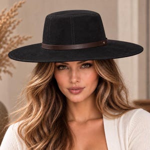 Ręcznie robiony kapelusz fedora ze skóry zamszowej, szeroki rondo, przeszywany ranczer, styl kowbojski western