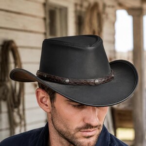 Men's Black Leather Cowboy Hat with Braided Leather Concho Band