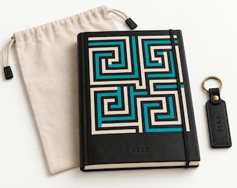 Personalized Leather Journal & Keychain Set, The Labyrinth Maze Artwork (Gift Box)