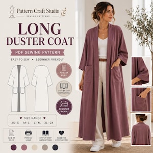 May include: A PDF sewing pattern for a long duster coat by Pattern Craft Studio. The image displays a mauve open-front duster coat with three-quarter sleeves and two front patch pockets, alongside technical line drawings and size range details.