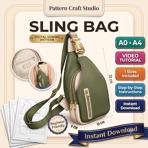 Könnte beinhalten: Ein digitales Schnittmuster für eine Umhängetasche in Olivgrün und Creme mit goldfarbenen Beschlägen. Das Bild zeigt die Maße der Tasche von 32 cm mal 16 cm mal 6 cm sowie Papierschnittmuster, ein Video-Tutorial und verschiedene Texte.