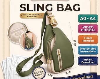 May include: A digital sewing pattern for a sling bag, featuring an olive green and cream crossbody bag with gold hardware. The image displays the bag dimensions of 32 cm by 16 cm by 6 cm, along with paper pattern sheets, a video tutorial, and text.