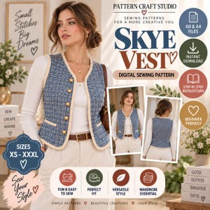 May include: A digital sewing pattern for a blue tweed waistcoat titled Skye Vest by Pattern Craft Studio. The image displays the waistcoat on a model, featuring gold buttons, cream trim, and pockets. Includes text for A0 and A4 files, instant download, step-by-step instructions, and sizes XS to XXXL.