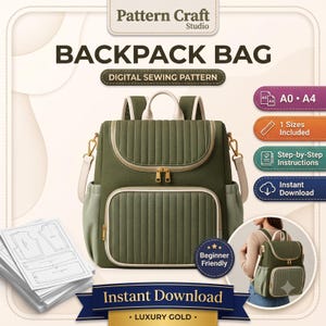 Puede incluir: Un patrón de costura digital para una mochila de Pattern Craft Studio. El diseño presenta una mochila acolchada de color verde oliva con ribetes crema, herrajes dorados y bolsillos laterales. Incluye patrones A0 y A4, instrucciones paso a paso y una opción de descarga instantánea para este proyecto apto para principiantes.