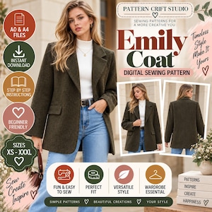 Puede incluir: Un patrón de costura digital para el abrigo Emily, que presenta un blazer verde oliva oscuro con solapas de muesca, dos bolsillos con solapa y mangas largas. El gráfico incluye texto, iconos para archivos A0 y A4, descarga instantánea, instrucciones paso a paso, etiquetas para principiantes y un rango de tallas de XS a XXXL.